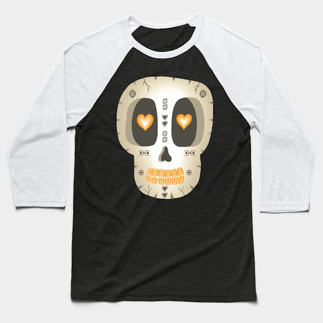 Cute Skull- Dia De Los Muertos- Beige Sugar Skull -Orange Heart eyes Baseball T-Shirt by Scriptnbones